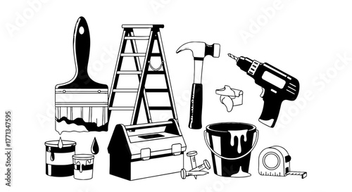 Construction and Home Improvement Tools Illustration: Renovation Project, Repair, and Maintenance Equipment for Contractors and DIY Enthusiasts - Essential Toolkit Graphics for Building, Painting, and
