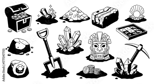 Treasure Hunting Adventure: Black and White Vector Icons Set Depicting Mining and Archaeological Discoveries Like Gems, Coins, Crystals and Ancient Artifacts for Game Design, Illustration and Print Pr