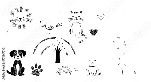 Cute Animal Illustrations Collection: Whimsical Drawings of Lion, Cat, Dog, Bird & More for Children's Designs, Storybooks & Educational Materials Featuring Playful Style, Ideal for Creative Projects,