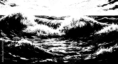 Monochromatic Ocean Waves Crashing Forcefully Against the Shoreline with Turbulent Splashes and Foaming Crests, Evoking Power and Chaos in a Dynamic Seascape, Ideal for Travel, Adventure, and Environm