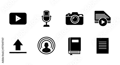 Digital Content Creation Media Icons Representing Multimedia Production, Blogging and Podcasting, Technology Communication Concepts for Online Marketing, Modern Education, and Informational Graphics,
