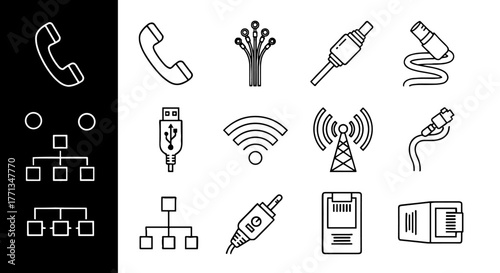 Communication Technology Icons Set Presenting Telecommunication Network Infrastructure, Connectivity Options, Data Transmission Methods in Modern Corporate Environment & Digital Interface for Presenta