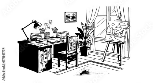 Creative Artist's Studio: Interior Workspace with Desk, Painting Easel & Landscape View, Ideal for Education, Design & Lifestyle Projects; A Detailed Line Art Illustration for Presentations, Marketing