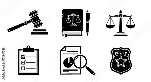 Justice System Investigation: Legal Research & Law Enforcement Process Featuring Gavel, Scales of Justice, Statute Book, Police Badge Symbols for Crime, Litigation, & Regulatory Compliance (Monochrome