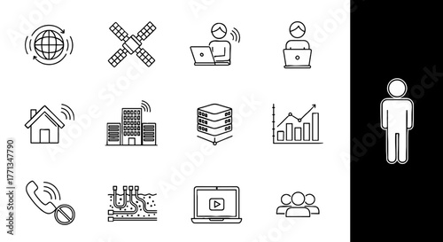 Modern Global Communication Network Icons Set Illustrating Internet Connectivity, Satellite Communication, Remote Work, Home Automation, Big Data Analysis, and Business Analytics for Technology Presen