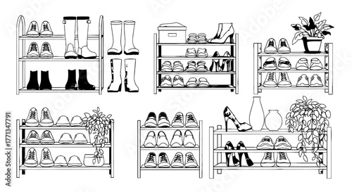 Detailed Line Art Illustration of Shoe Rack Furniture Collection Displayed in Home Interior, Featuring Various Footwear Types and Potted Plants for Lifestyle, Organization, and Design Projects (Shelvi