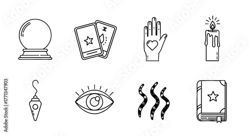 Esoteric Divination Symbols Illustrations Collection, Predicting the Future with Tarot Cards, Crystal Ball, Palmistry, Candlelight, and Magic Spellbook for Occult Practices, Spiritualism, and Fortune