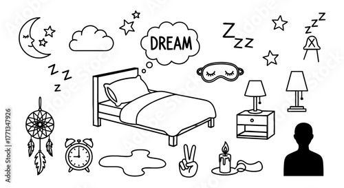 Dreamy Nighttime Illustration of Bedtime Routine and Sleep Concepts for Relaxation and Wellness, Featuring Dream, Moon, Stars, and Bed in a Peaceful Setting, Ideal for Healthcare, Lifestyle, and Home