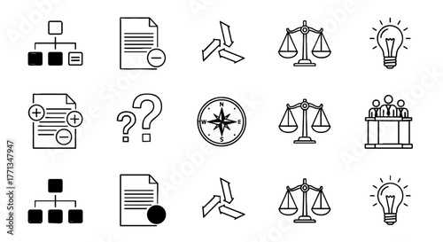 Business Strategy Planning and Legal Research: Project Management Icons for Corporate Solutions, Creative Ideas, and Judicial System Guidance. Modern Symbols for Infographics, Presentations, and Websi