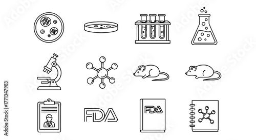 Pharmaceutical Research Icons Illustrating Scientific Discovery and Innovation in Healthcare, Biotech Development, Medical Studies & Chemical Compound Analysis for Science Presentation (Black/White)