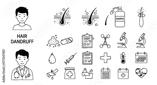 Hair Dandruff Diagnosis and Treatment: Doctor Consulting Patient with Scalp Issues, Prescribing Shampoo, Medication, and Clinical Exams for Dermatology and Haircare Wellness, Medical Illustration Styl