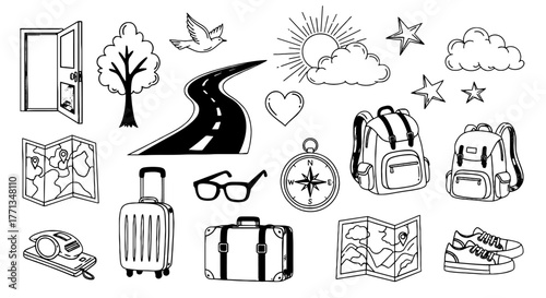 Hand-Drawn Travel Doodles: Exploring Journeys & Adventures in Minimalist Style – Open Door to New Experiences, Roads, Maps, and Backpacks for Vacation Planning & Lifestyle Marketing, Ideal for Creativ