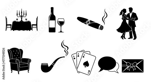 Elegant Celebration Icons Set: Enjoying a Formal Dinner Party with Wine, Dancing, and Relaxation - Perfect for Invitations, Events, Hospitality Industry, and Luxurious Lifestyle Design with Black Silh