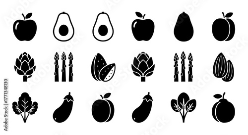 Assortment of Fresh Vegan Fruits and Vegetables Icons Arranged for Healthy Eating Presentation on White Background, Representing Nutrition, Diet, and Organic Agriculture for Wellness Projects, Modern