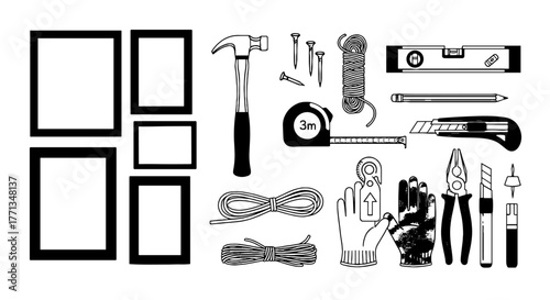 Arranging Picture Frames with Tools: Planning Home Decor in Interior Space, Using Hammer, Nails, Level, Tape Measure for Wall Art Layout and Installation – DIY Project for Art, Decoration, Renovations
