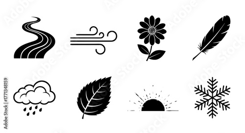 Nature Elements Illustration: River Flowing, Wind Blowing, Flower Blooming, Feather Falling, Rain Cloud, Leaf Detail, Sunrise Glow, Snowflake Forming, Representing Ecosystem Cycles, Earth's Weather, V