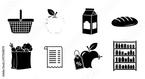 Grocery Shopping Icons Set:  Illustration of Fresh Produce and Staple Foods in a Basket, Bag, on Shelves, with Receipt & Price Discount - Retail Shopping for Healthy Nutrition, Consumption, and Meal P