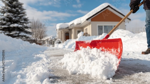 Person shoveling snow from a driveway in front of a house