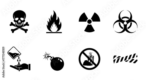 Hazardous Material Warning Icons Representing Danger and Risk in Industrial Settings: A Comprehensive Set of Safety Symbols for Biohazard, Radiation, Poison, Explosives, and Chemical Hazards, Ideal fo