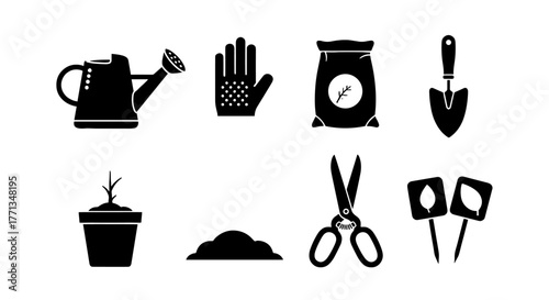 Gardening Tools and Supplies Arranged for Spring Planting, Featuring Watering Can, Gloves, Seeds, Trowel, Plant, Soil, Shears, and Plant Markers for Horticulture Projects in a Black Silhouette, Ideal
