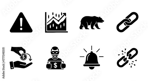 Financial Risk Management Icons Set Depicting Warning Signs, Market Volatility, Bear Market, Security Link, Loss of Investment, Scam Alert, Notification Bell, Disruption, Representing Economic Instabi
