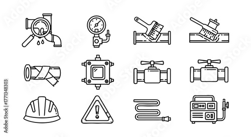 Plumbing Repair & Maintenance Icons Set - Inspection, Pressure Check, Leak Detection, Safety First, Pipeline Fixes & Industrial Solutions: Outline Style Vector Graphics for Engineering Diagrams & Buil