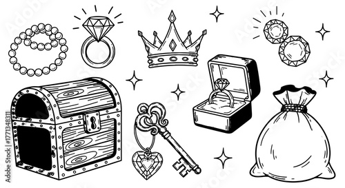 Hand-Drawn Treasure Collection:  A Vintage-Style Doodle Featuring a Treasure Chest, Crown, Jewelry, Diamonds, and Key, Ideal for Fantasy Illustrations, Adventure Games, Medieval Designs, Royal Decorat