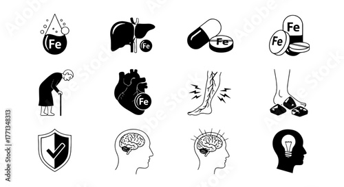 Iron Deficiency Anemia Symptoms & Causes Illustration: Explore Prevention, Impact on Brain Function, Fatigue, Heart Health, Leg Pain, Immunity, Older Adults, Supplementation, Liver Function, Health Ed
