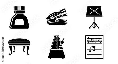 Musical Instrument Set Icon Collection: Practice Session Essentials for Musicians & Students in Music Education (Ink Bottle, Oboe, Music Stand, Stool, Metronome, Sheet Music), Concert Study Graphics,