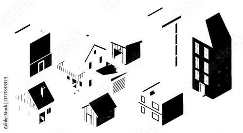 Isometric Architectural Concept: Abstract Building Blocks Representing Diverse Housing Styles, Showcasing Modern Architecture for Urban Planning and Real Estate Development Projects, Perfect for Prese