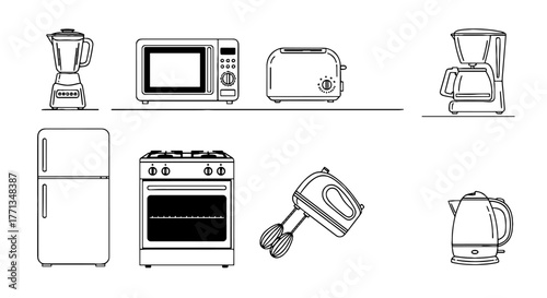 Kitchen Appliances Line Art Illustration:  Essential Culinary Tools for Home, Restaurant, and Culinary Arts, Depicting a Blender, Microwave, Toaster, Coffee Maker, Refrigerator, Stove, Mixer, and Kett