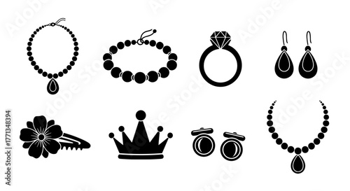 Elegant Jewelry Collection Display: Stylish Necklaces, Bracelet, Ring, Earrings, Hair Clip, Crown, Cufflinks on White Backdrop for Fashion Design & Boutique Marketing (Accessories, Glamour, Beauty, St