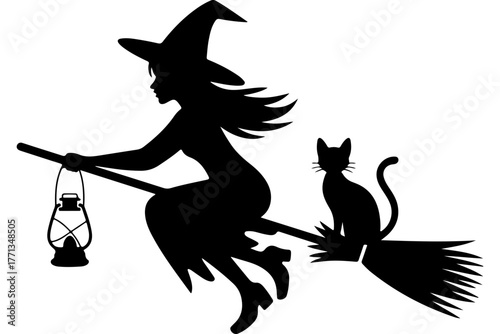 Witch flying on a broomstick with a lantern and a cat
