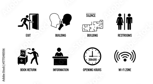 Informational Signage Pictograms Guide Visitors Navigating a Library, with Exit, Restrooms, Wi-Fi, Book Return, Silent Areas, Opening Hours, and Information Desks for Modern Education and Professional