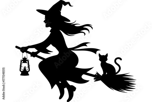 Witch flying on a broomstick with a lantern and a cat