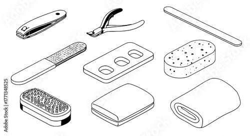 Isometric Manicure and Pedicure Set on White Backdrop for Nail Care Presentation, Salon Marketing, and Beauty Industry Applications; Includes Nail Clippers, Cuticle Pusher, File, Sponge, Brush and Buf