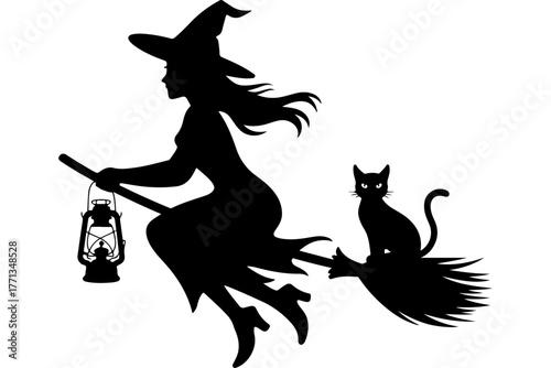 Witch flying on a broomstick with a lantern and a cat