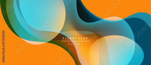 Abstract flowing shapes, vibrant colors. Orange, blue, green blend seamlessly. Modern design, dynamic composition, smooth gradients present.