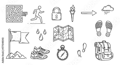 Adventure Quest Line Art: Conquering Challenges and Finding Your Way on a Treacherous Journey, Using Map, Compass, and Gear - Exploration, Trekking, Hiking, Achievement, Success, Overcoming Obstacles,