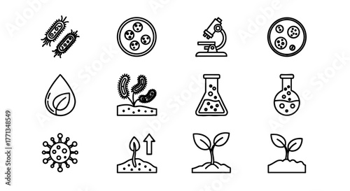 Scientific Research and Development Icons Illustrating Biotechnology Innovation, Microbiological Study, and Organic Growth Experimentation in a Modern Laboratory Setting for Medical and Agricultural A
