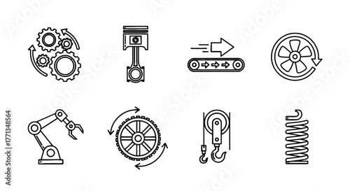 Mechanical Engineering Line Icons Depicting Automated Assembly and Manufacturing Processes in a Modern Industrial Setting, Conveying Precision, Innovation, and Technological Advancement for Business P