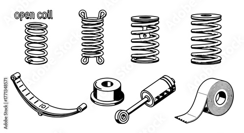 Assorted Mechanical Components Study: Springs, Bushing, Shock Absorber, Tape Illustrating Engineering Design Principles for Automotive Industry Presentations & Manuals, Black & White Technical Drawing