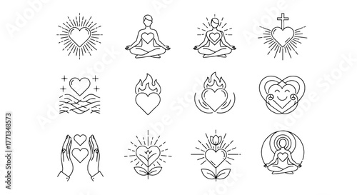 Heart Icons Collection: Meditating Figures, Sacred Hearts & Floral Love Symbols in Line Art Style for Spirituality, Wellness & Design Projects (Symbolism, Religion, Health, Hope, Growth, Harmony, Devo
