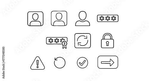 Set of Outline Icons for Account Access and Security: Protecting User Information, Navigation, and Notifications for App Development, User Interface Design, and Website Creation; Vector Art in a Moder