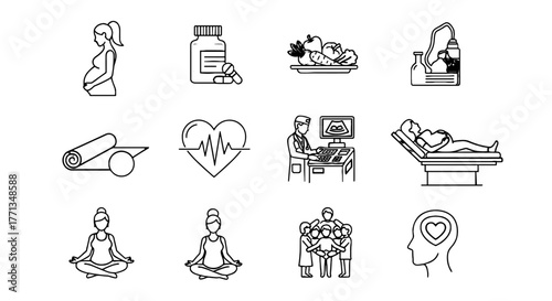 Pregnancy Wellness Line Icons Set: Expectant Mother's Health & Prenatal Care, Nutrition, Fitness, Medical Checkups & Emotional Support  for Holistic Wellbeing,  Family Planning,  Modern Healthcare,  A