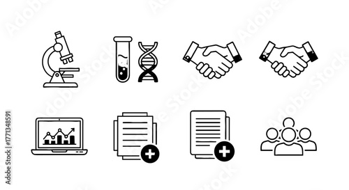 Scientific Research and Business Collaboration: Microscope, DNA, and Data Analysis Symbols Representing Medical Science, Partnership Agreements, and Teamwork for Innovation and Development in a Modern