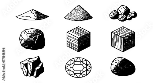 Geological Elements Illustration: Diverse Rocks, Minerals, and Gemstones Displayed in a Collection of Black and White Graphic Representations for Educational Materials or Mining Industry Reports (Eart
