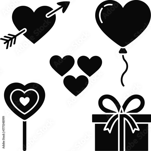 Collection of Romantic Love Icons Including Hearts Balloon Lollipop Gift Box and Arrow for Valentine's Day Celebration Designs