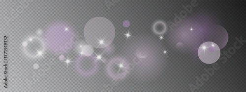 Bokeh light background with purple glitter sparkles and star flares. Transparent color circles create abstract magic overlay. Vector effect for dreamy fantasy compositions and fairytale designs.