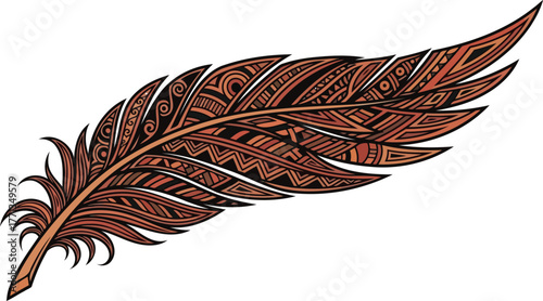 Detailed rusty brown bird feather with intricate patterns isolated on white vector